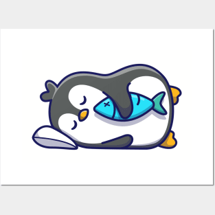 Cute penguin sleeping with fish Posters and Art